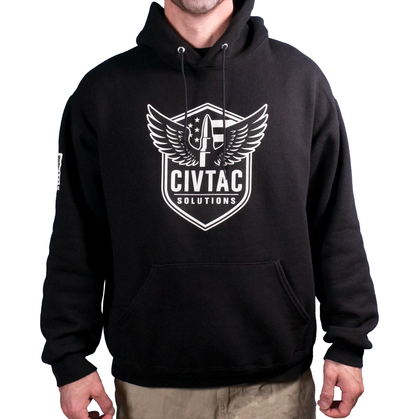 Black hoodie with CIVTAC Solutions logo on a white background #black