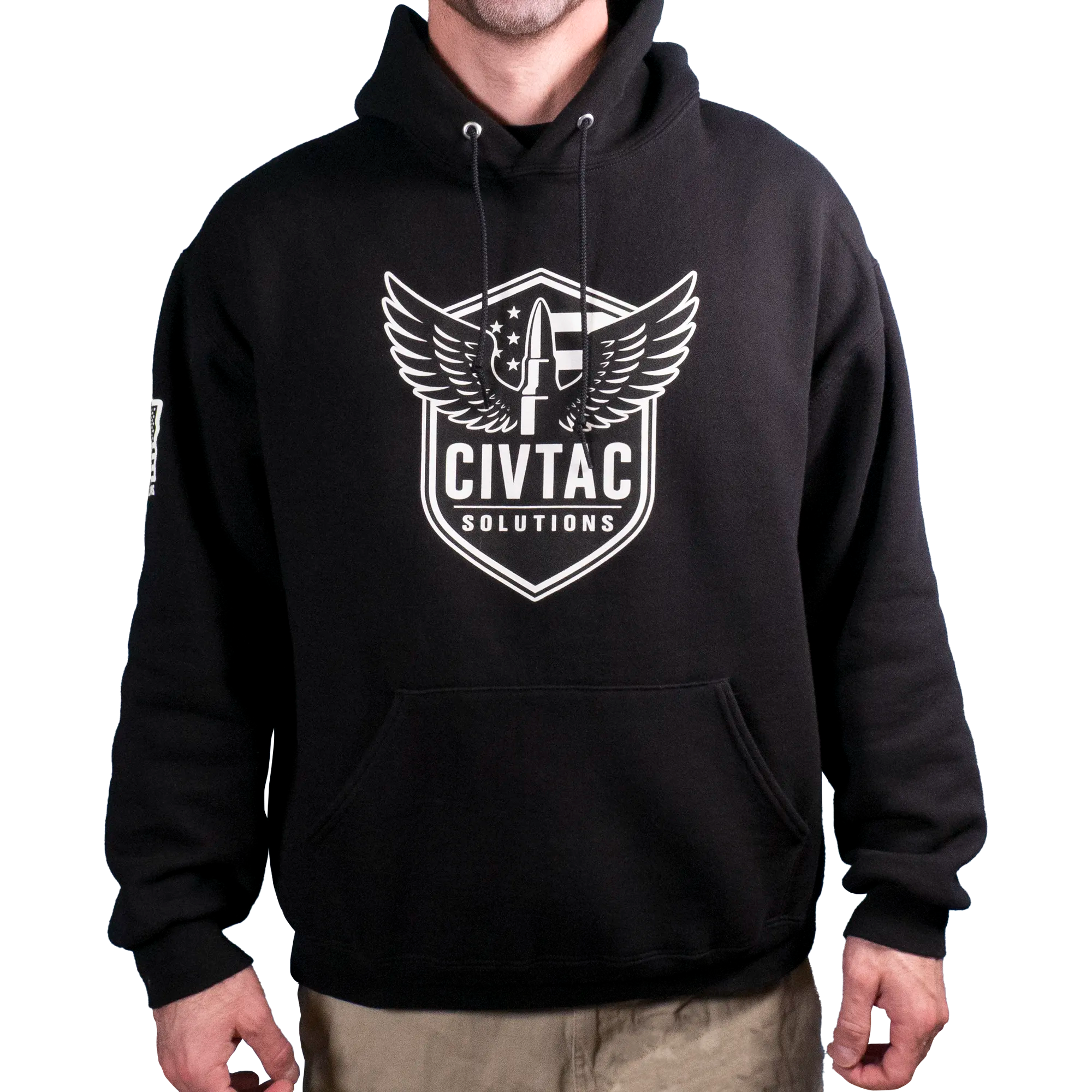 Black hoodie with CIVTAC Solutions logo on a white background #black