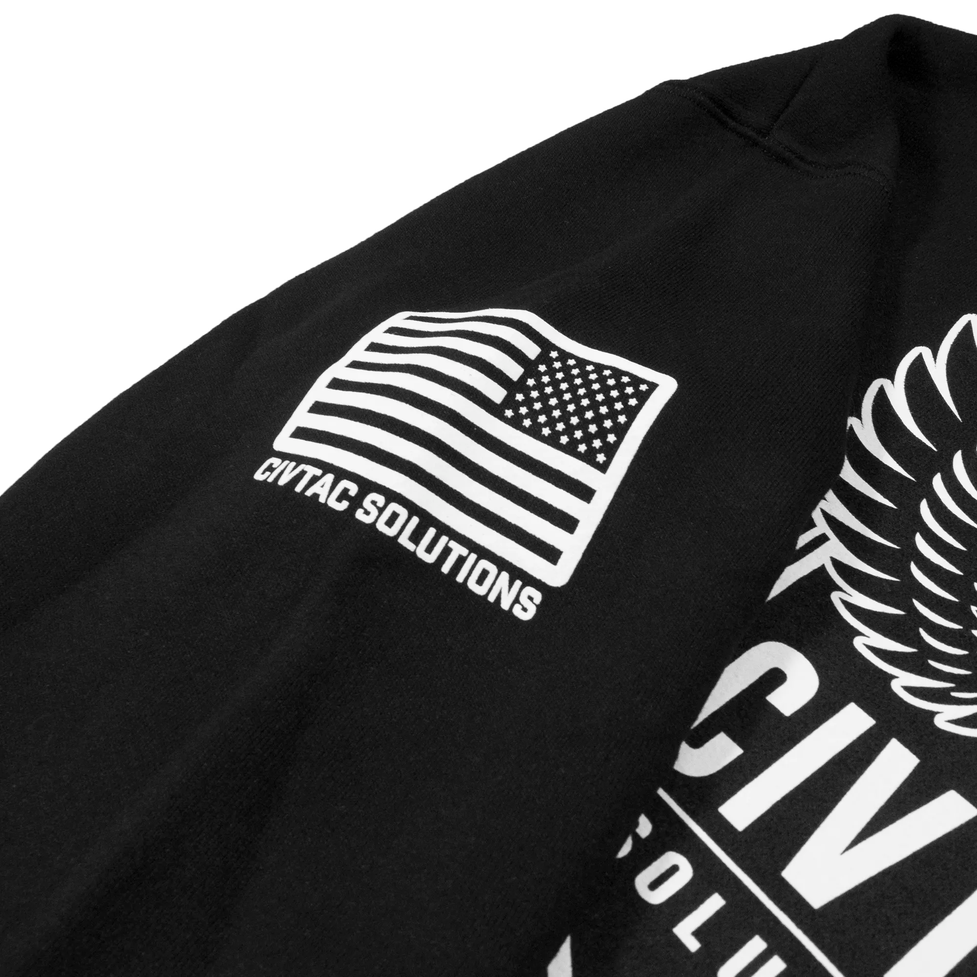 Black hoodie with CIVTAC Solutions logo and American flag on the right sleeve #black