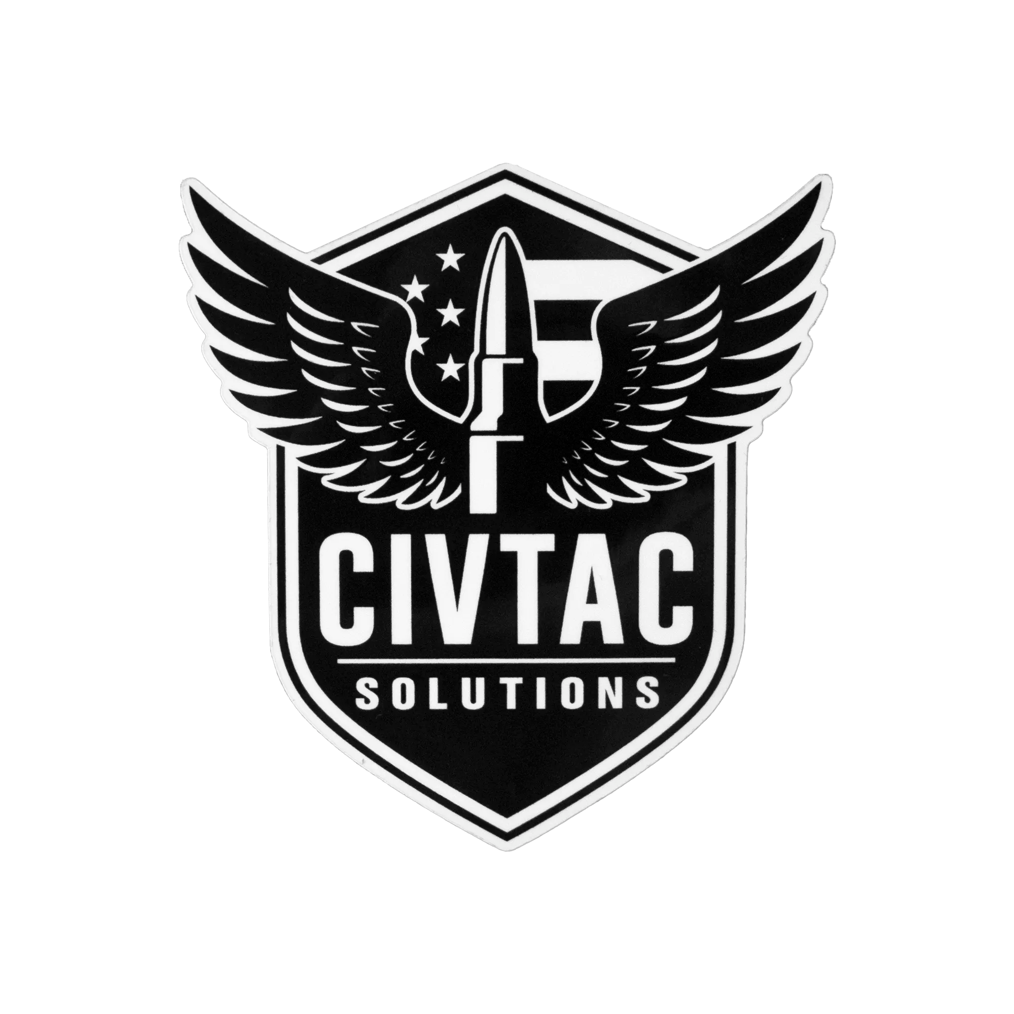 CIVTAC Solutions logo sticker with wings and a bullet on a white background