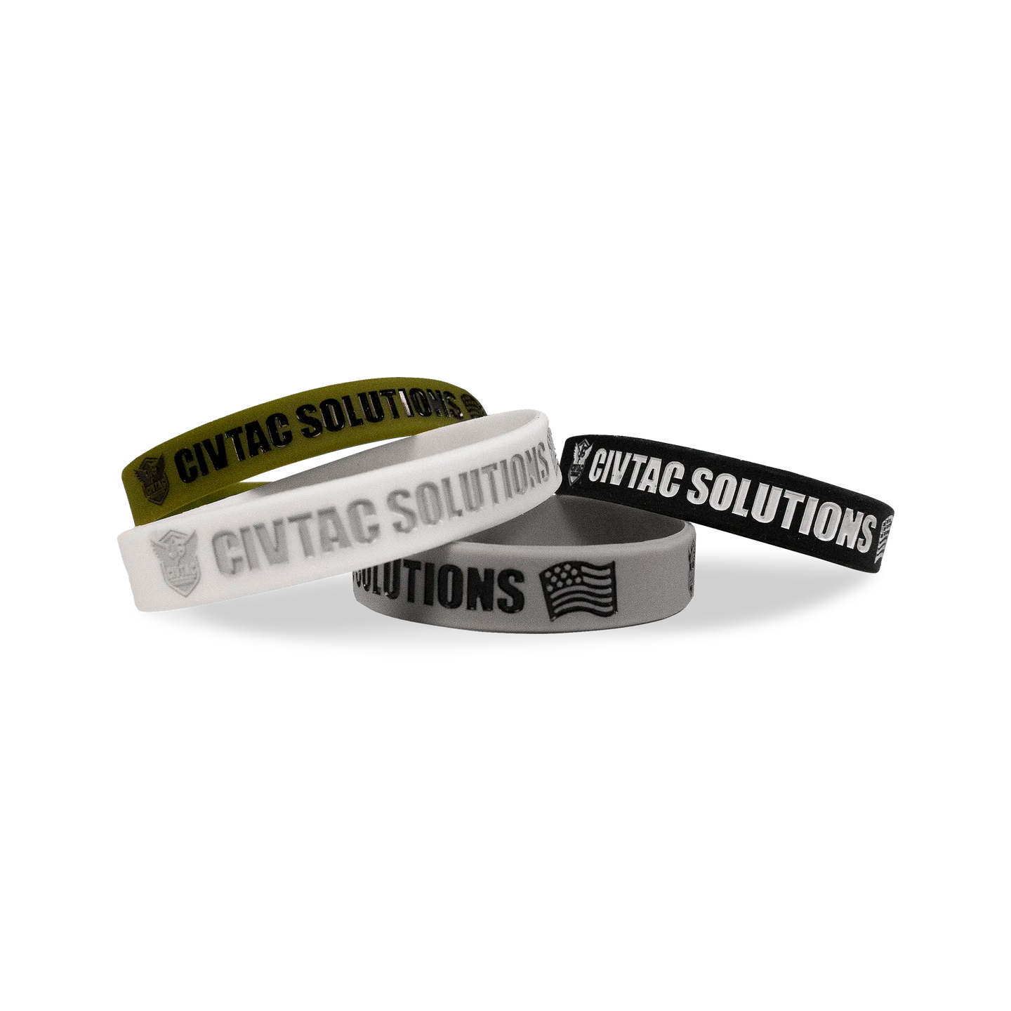 Four wristbands with 'CIVTAC Solutions' branding on a white background