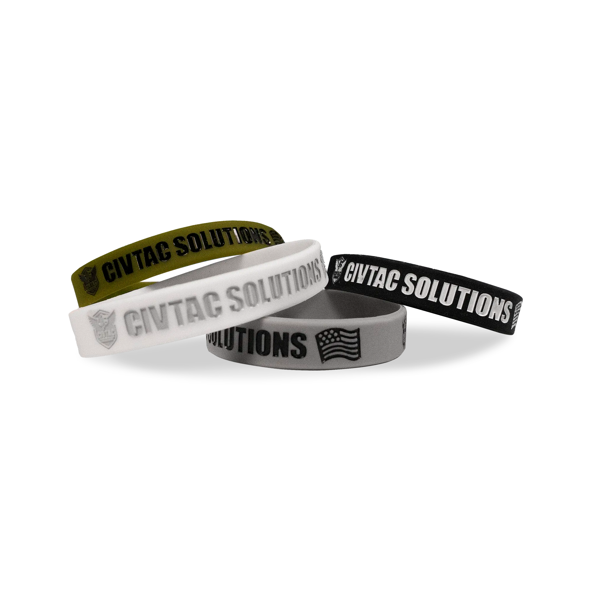 Four wristbands with 'CIVTAC Solutions' branding on a white background